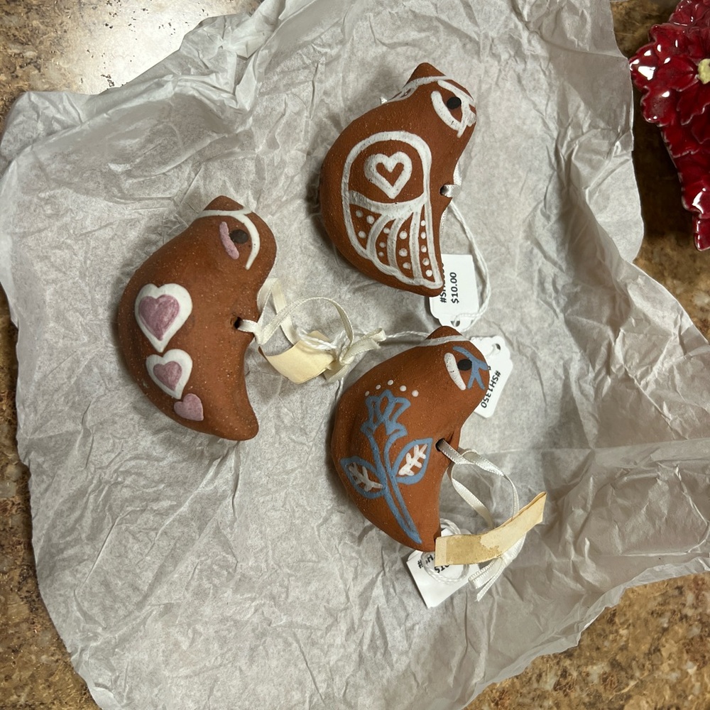 Set of 3 Barbara Carpenter Handmade Terra Cotta Bird Christmas Ornaments